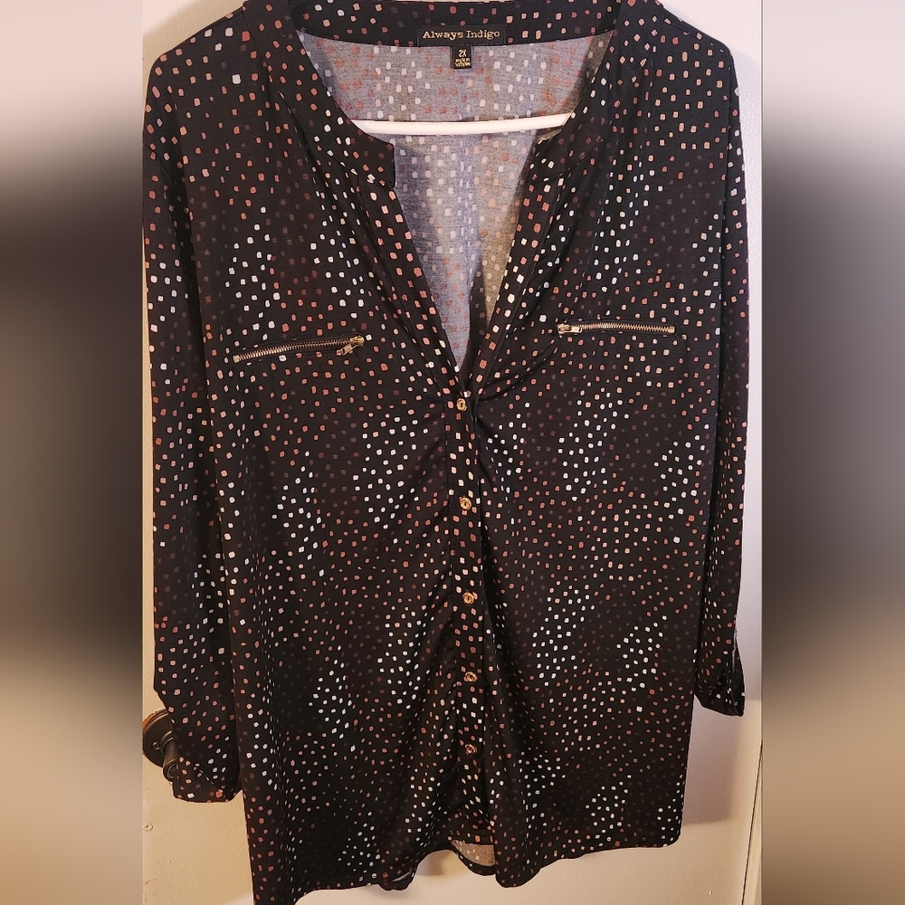 NWOT- Always Indigo Black, Burgundy, Cream Polka Dot Women's Top Size 2x